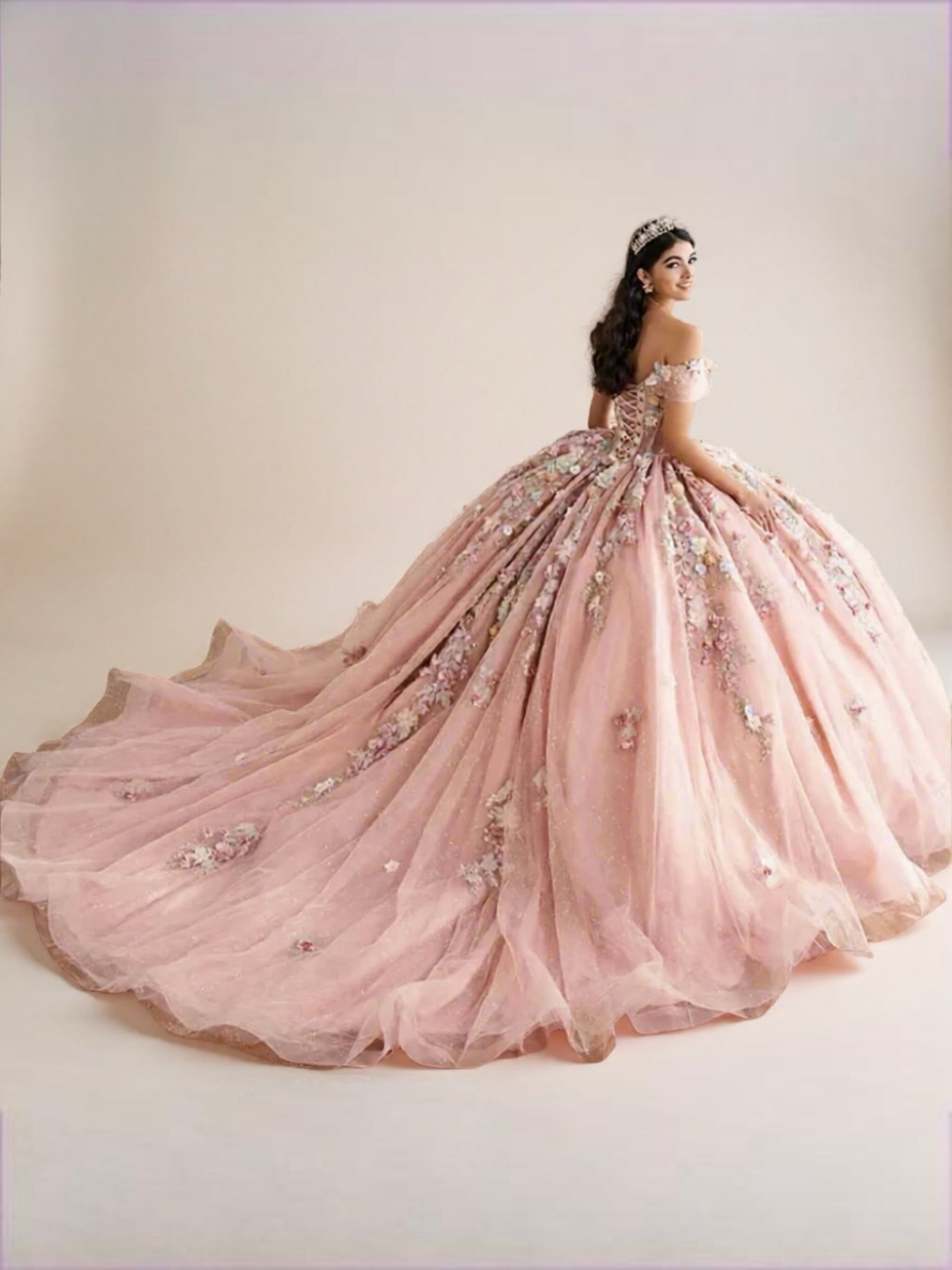 Sparkly Pink Quinceanera Ball Gown with 3D Lace Flowers