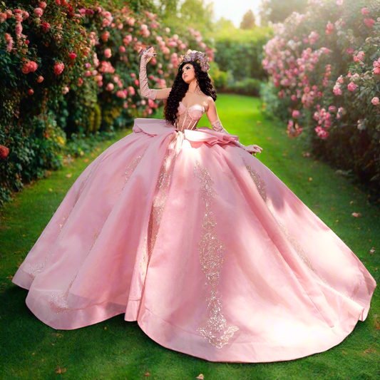 Pink Off The Shoulder Quinceanera Dress with Lace Appliques