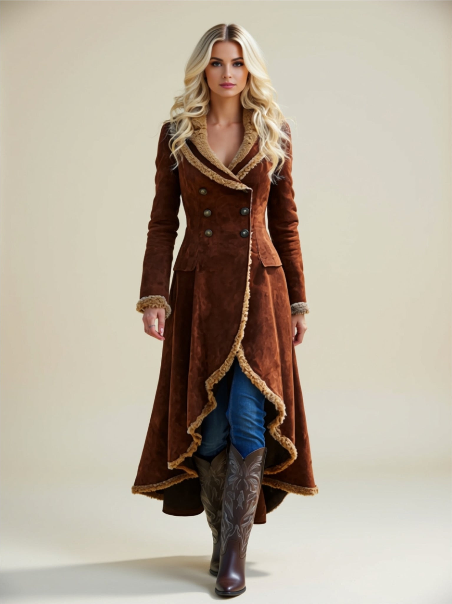 Longline Sherpa‑Trim Buttoned Coat