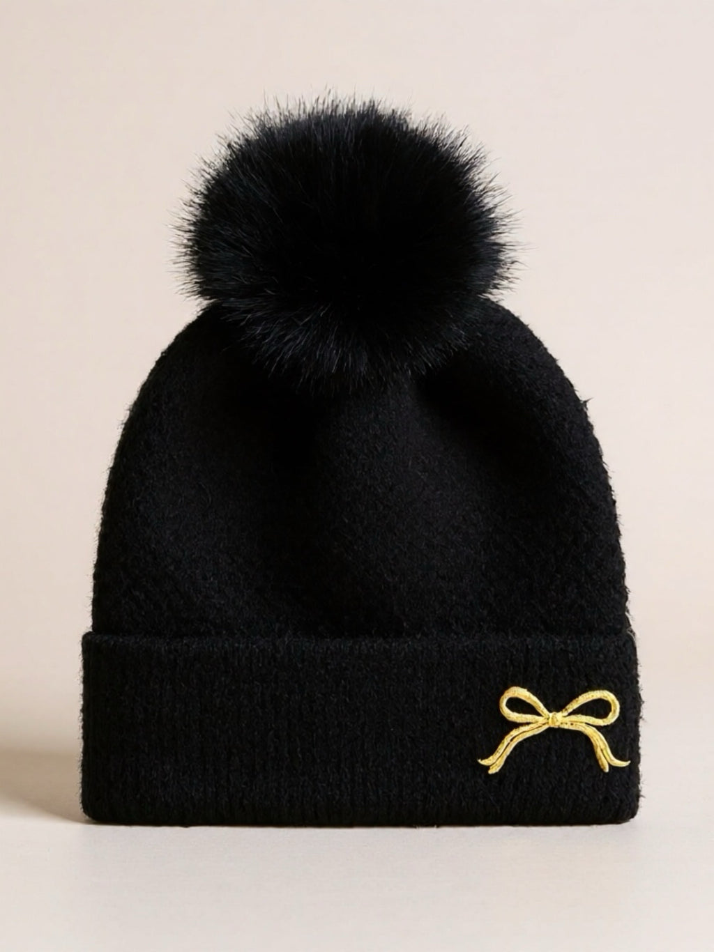 Thermal Bow Knit Beanie with Pompom