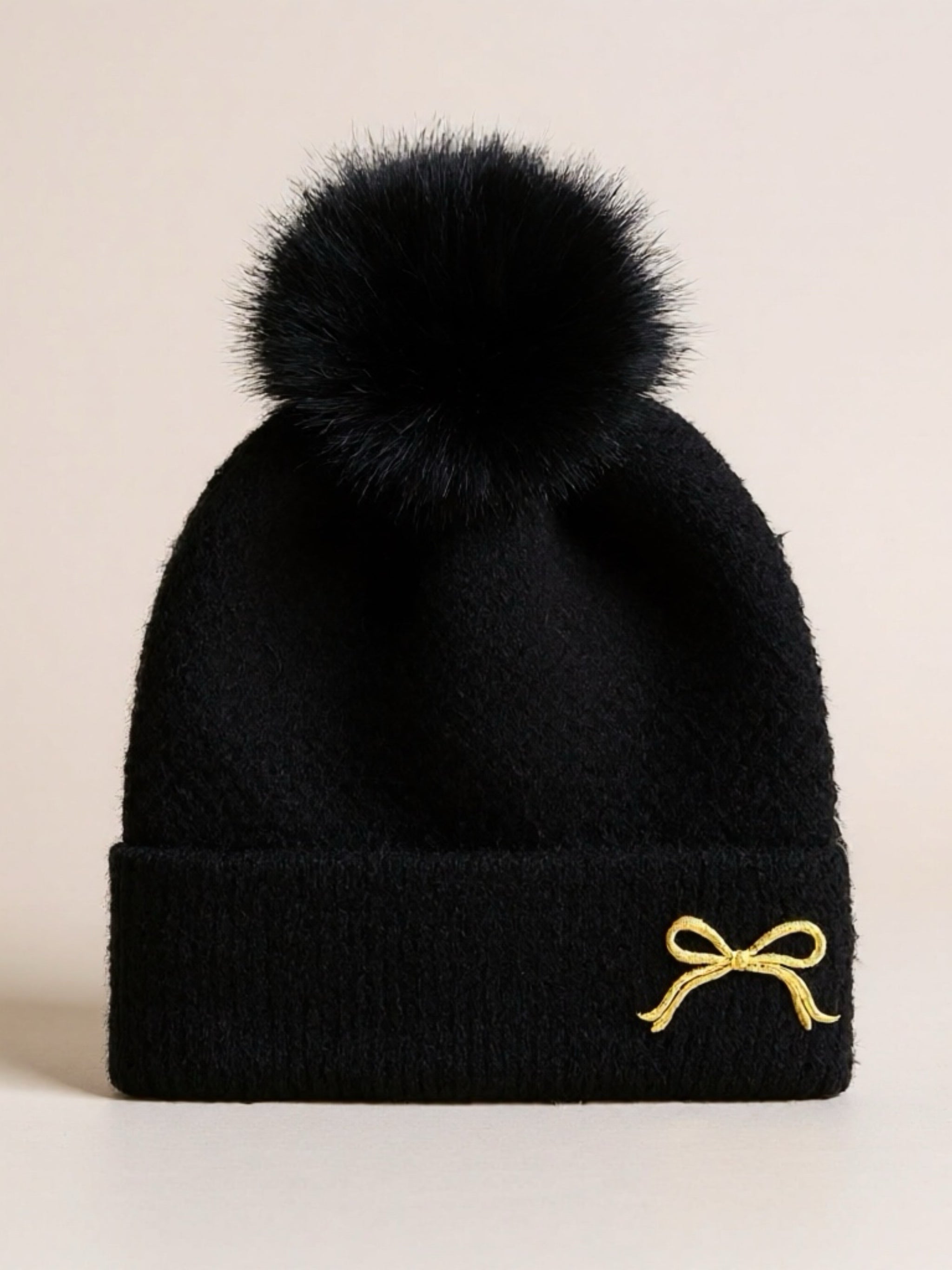 Thermal Bow Knit Beanie with Pompom