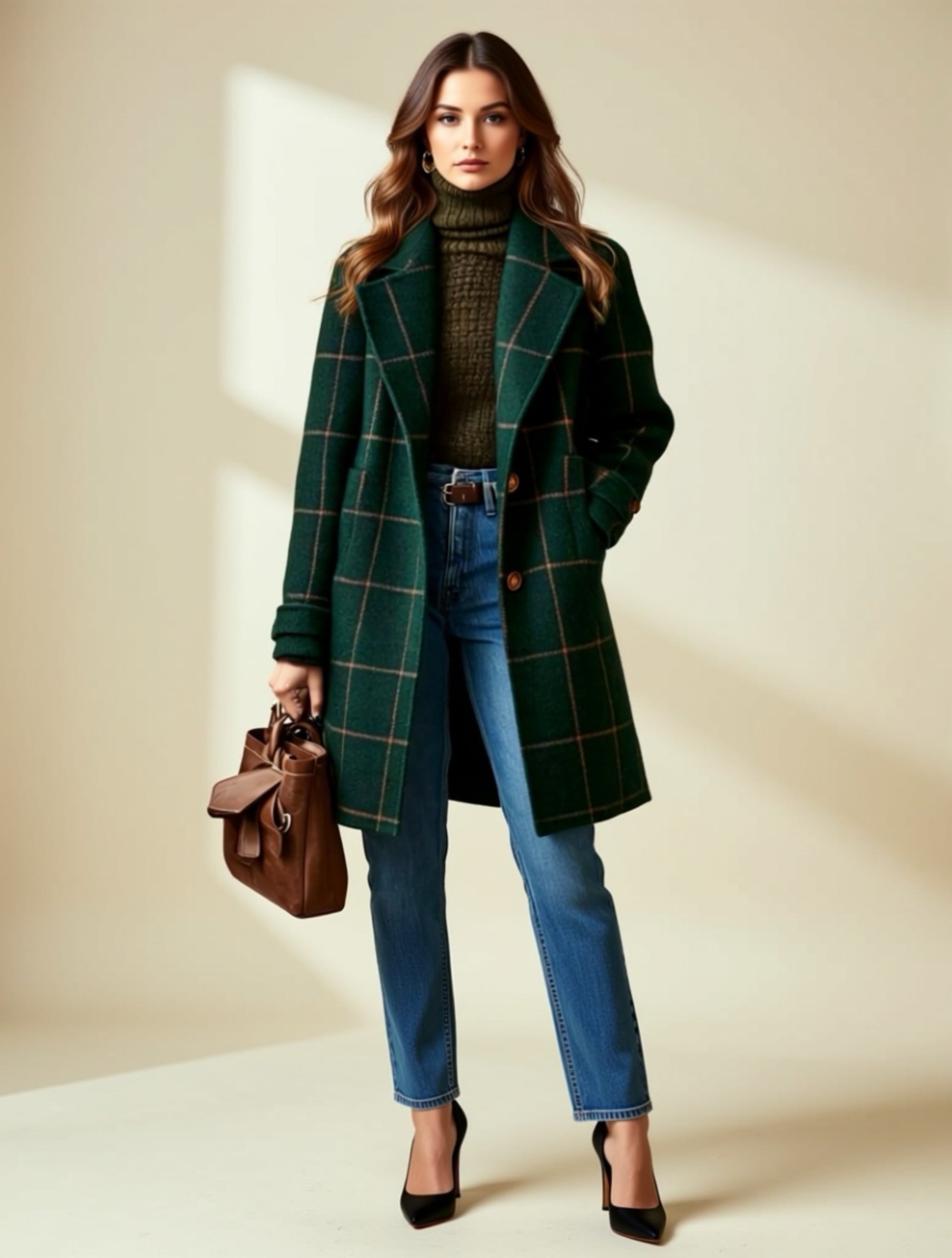 Green Plaid Button‑Down Coat