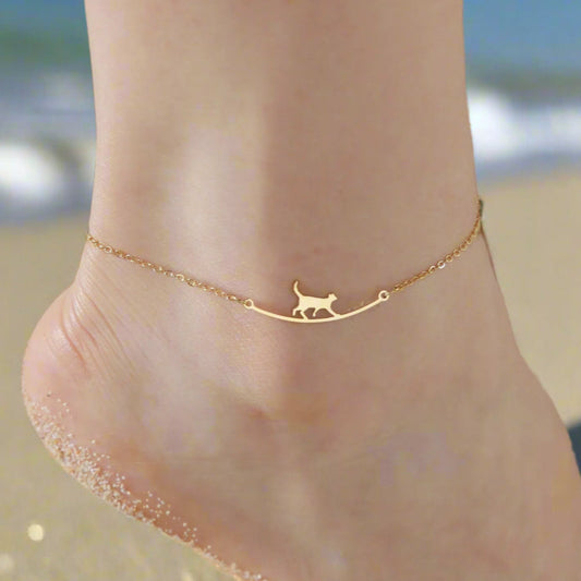 Gold or Silver Stainless Steel Cat Charm Anklet