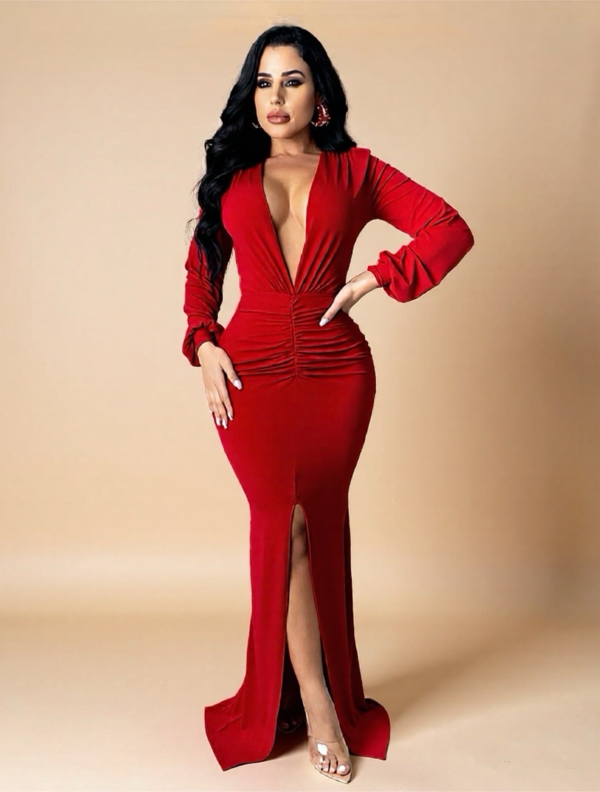 Elegant Deep V‑Neck Long Sleeve Maxi Dress