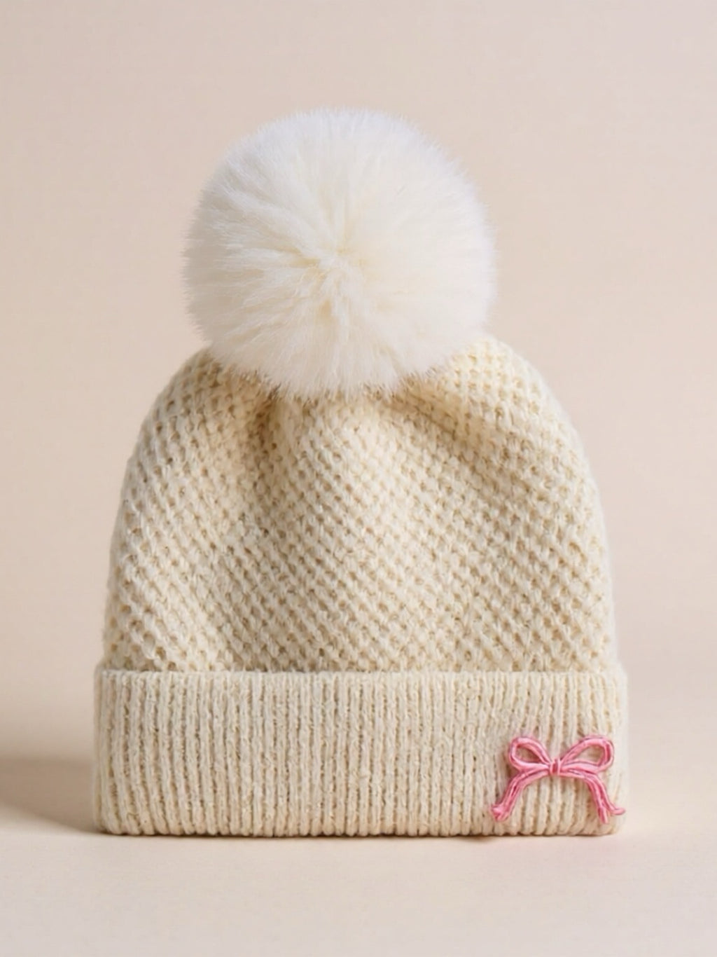 Thermal Bow Knit Beanie with Pompom