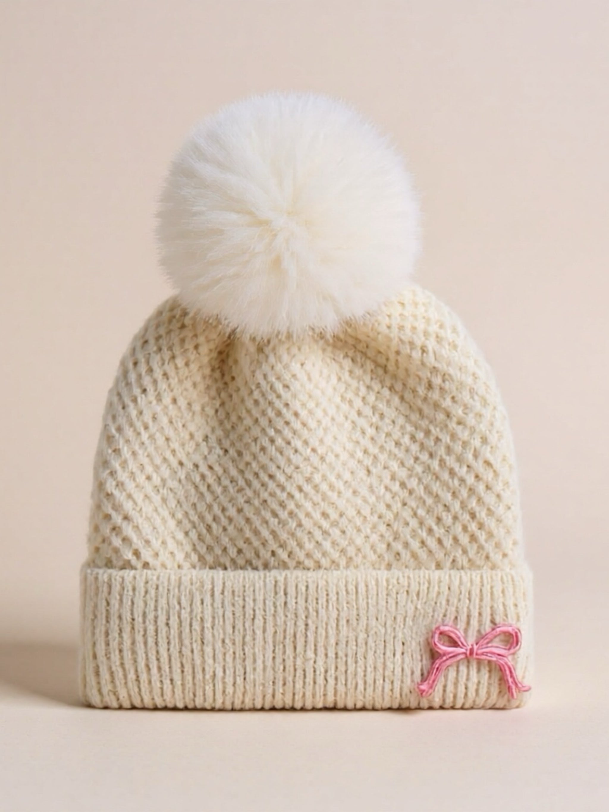 Thermal Bow Knit Beanie with Pompom