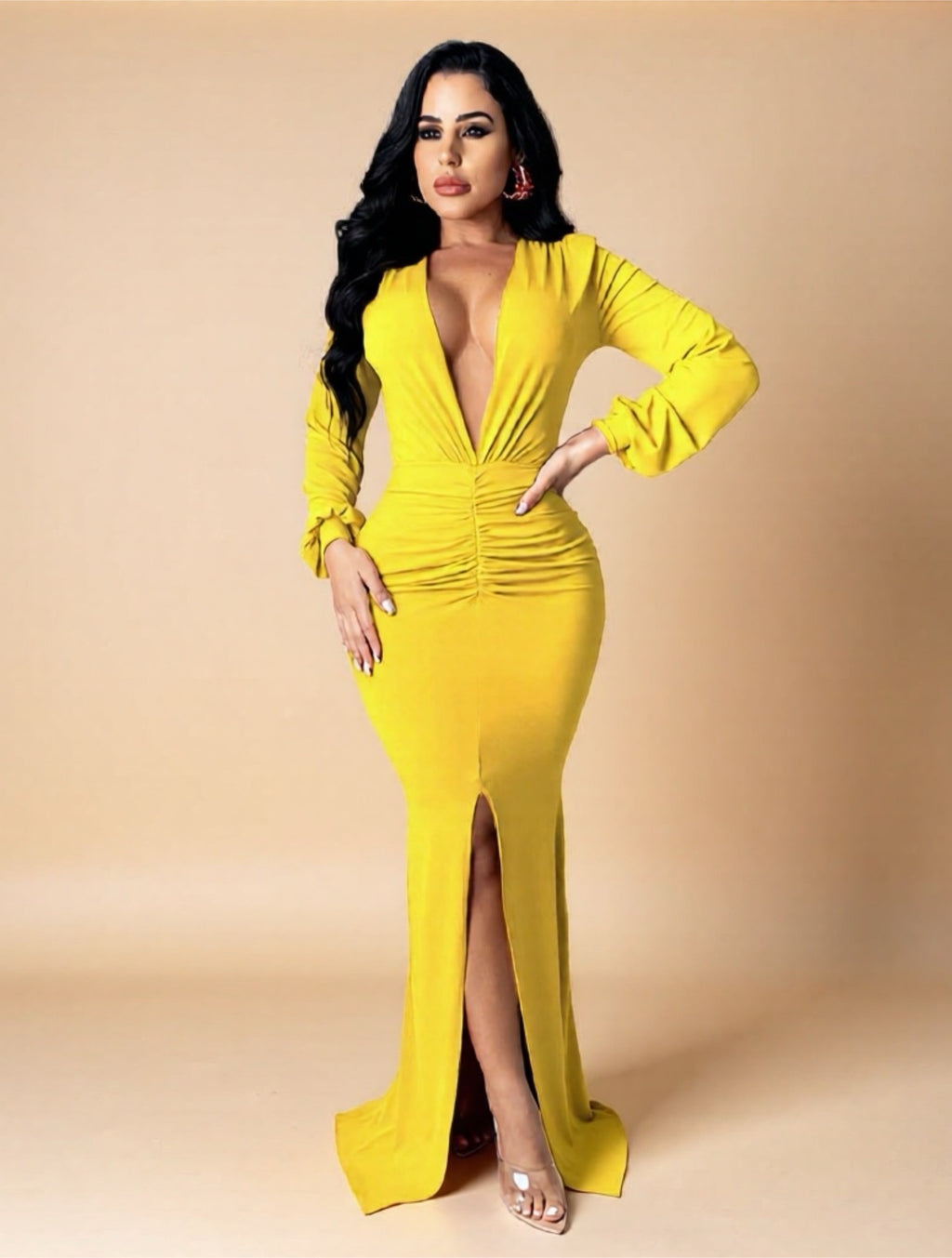 Elegant Deep V‑Neck Long Sleeve Maxi Dress