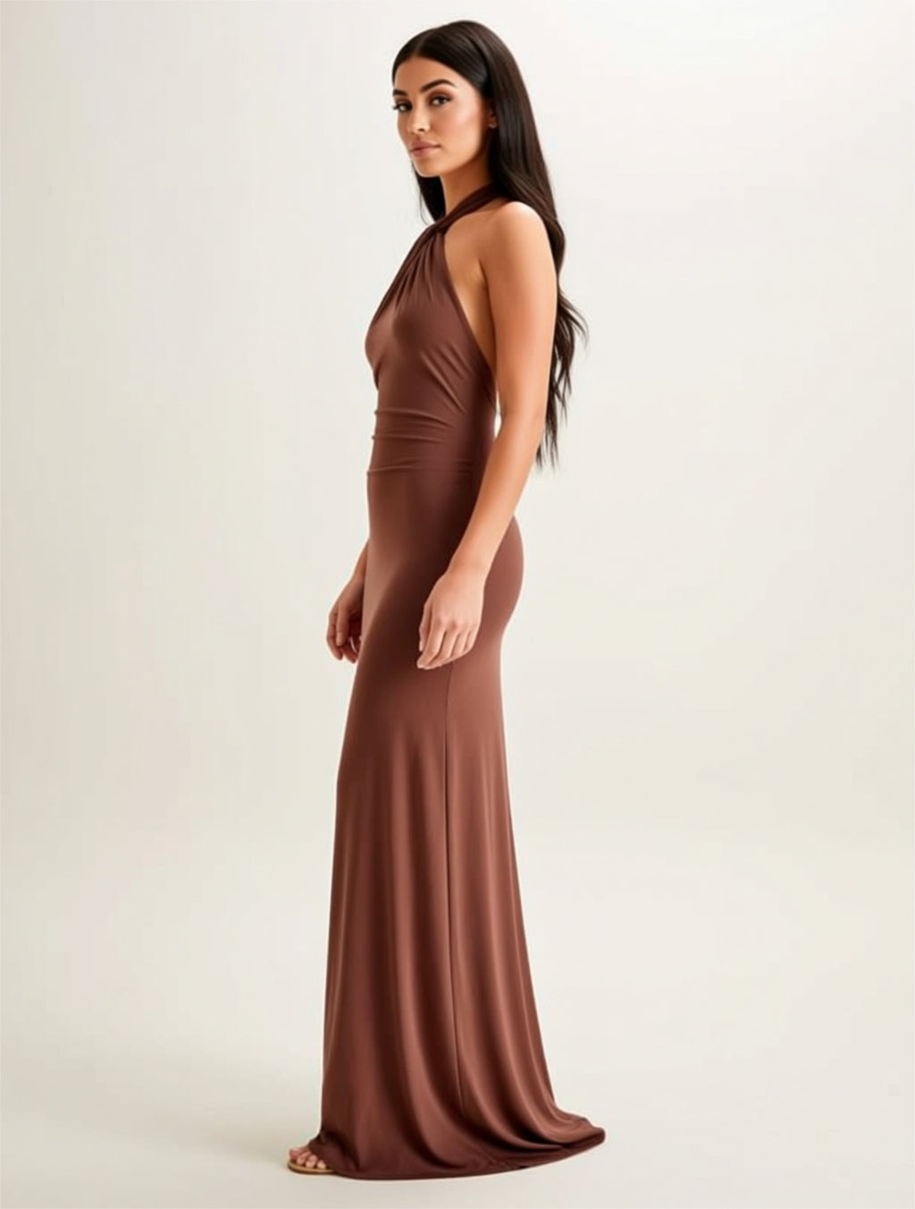 Elegant Halter Neck Long A‑Line Dress with