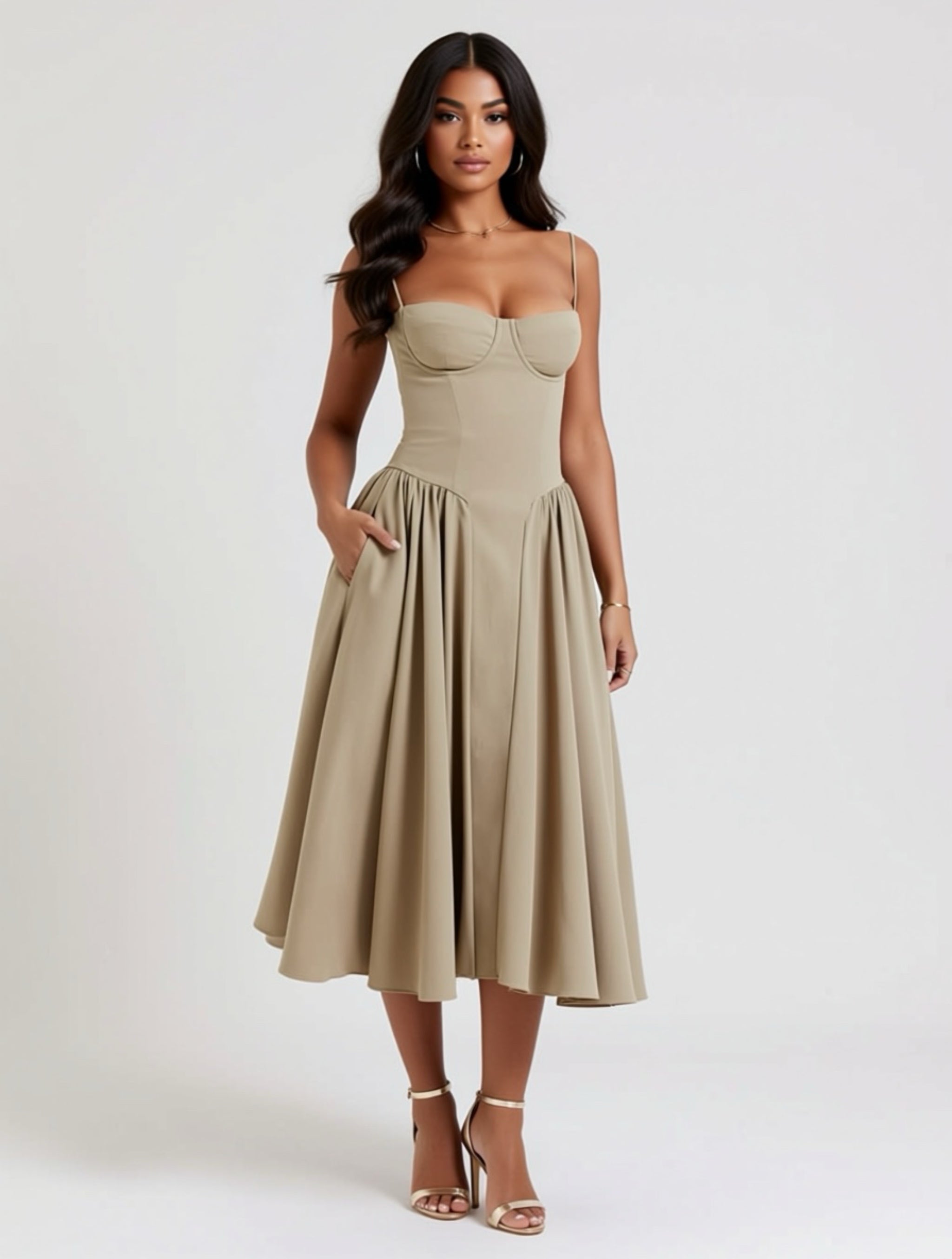 Elegant Ruched Corset‑Style Midi Dress
