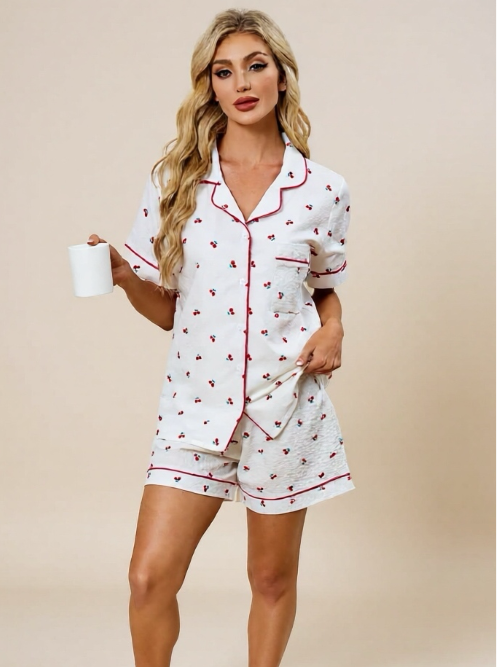 Cherry Print Collared Neck Top & Shorts Pajama Set