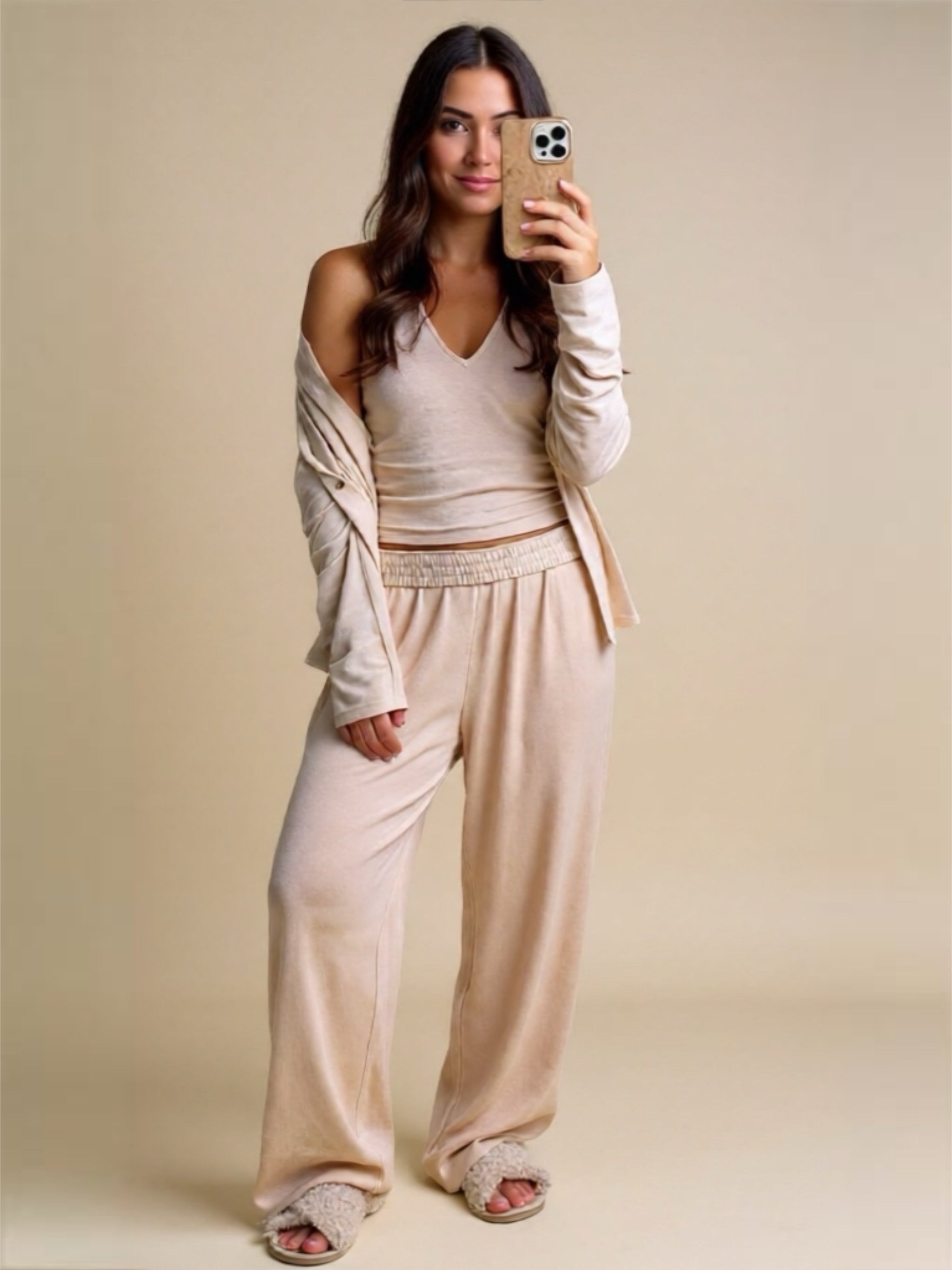 V-Neck Tank, Open Front Cardigan & Pants Lounge Set