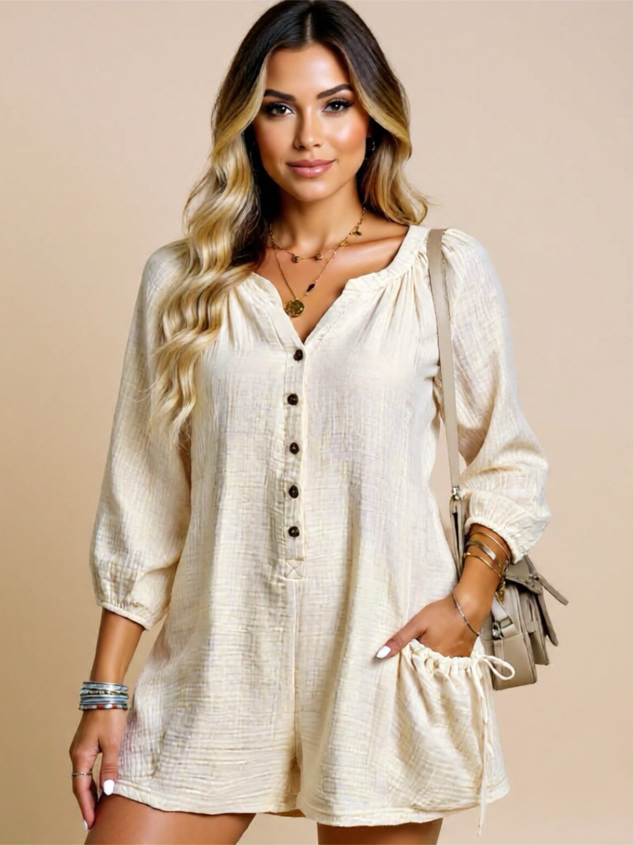 Linen Half Button Romper