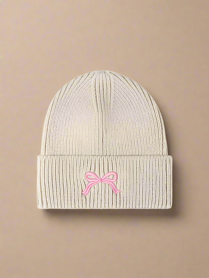 Embroidered Bow Knit Beanie