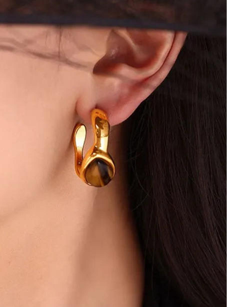 Stainless Steel Natural Tiger's Eye C-Hoop Earrings