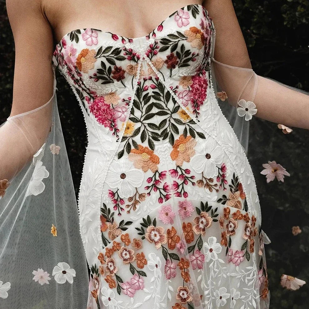 Lace Strapless Floral Wedding Dress