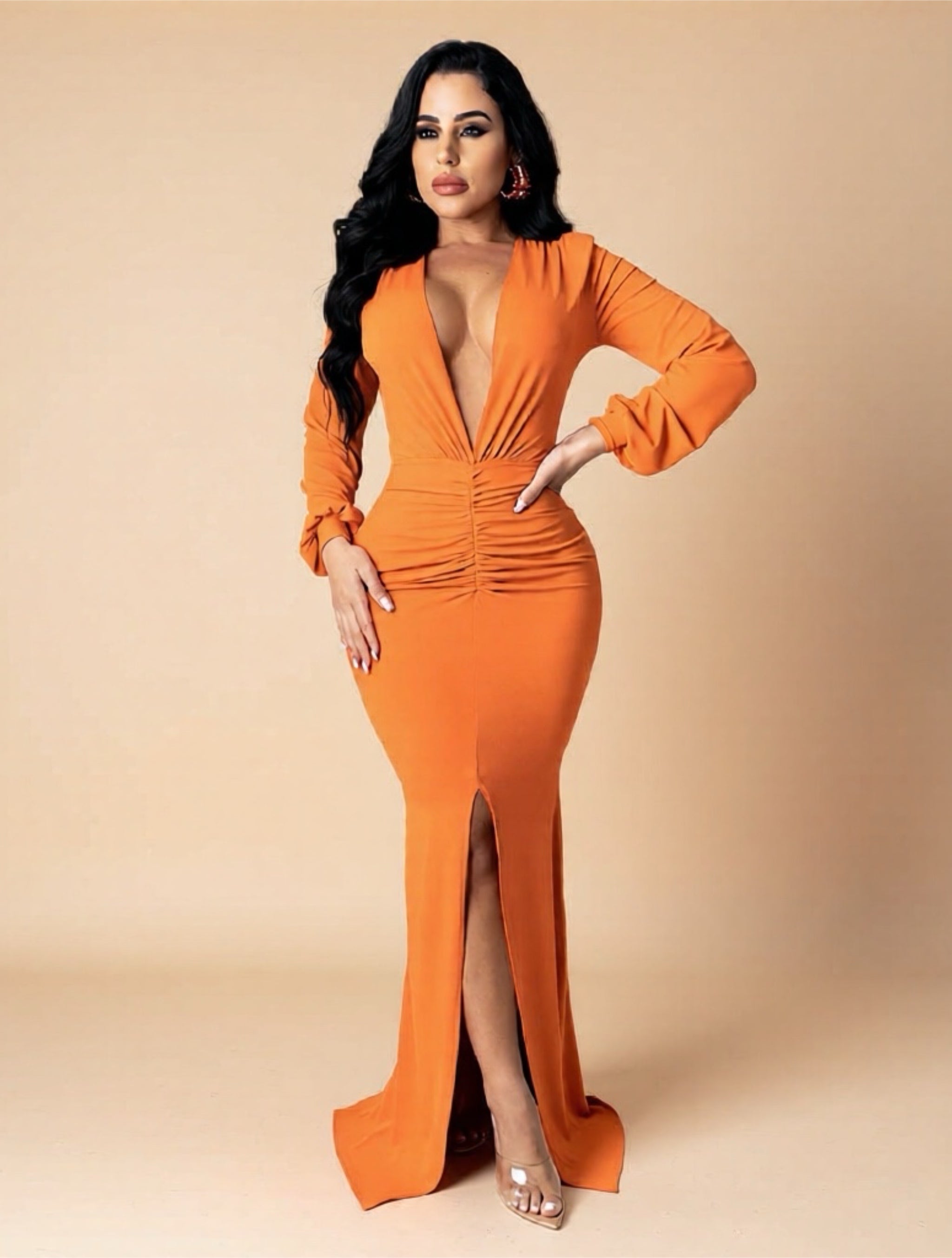 Elegant Deep V‑Neck Long Sleeve Maxi Dress