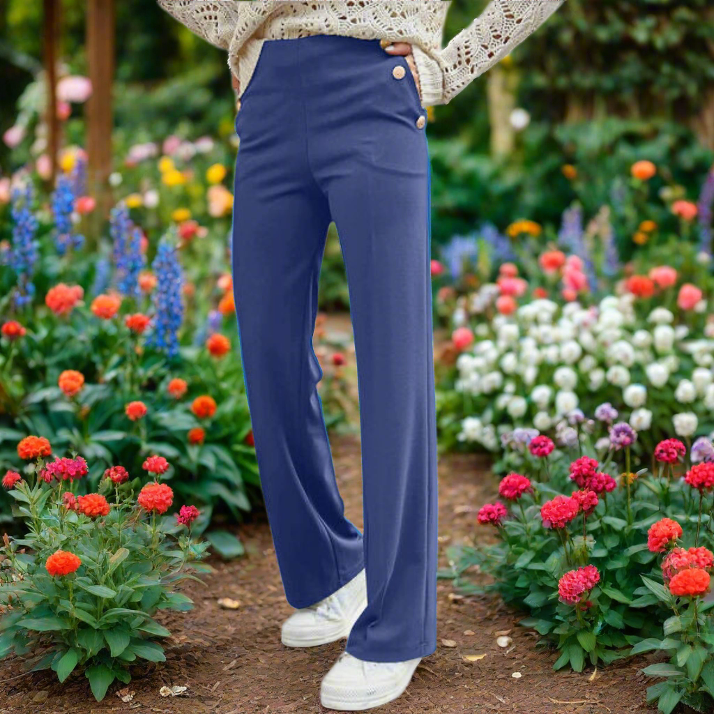 High Rise Trousers with Gold Button Accents