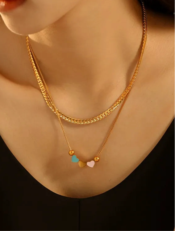 18K Gold Double Layered Heart Necklace