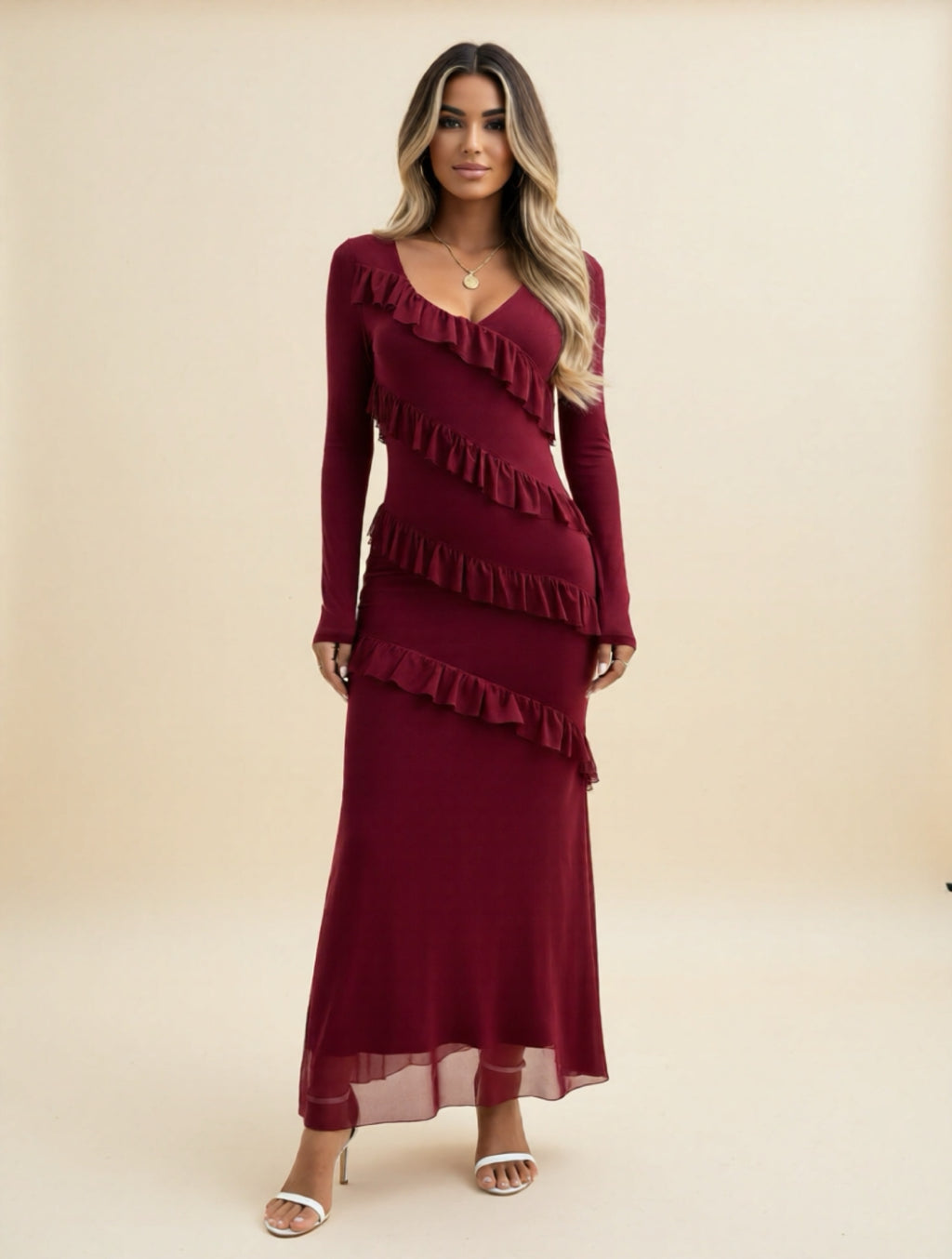 Elegant Long Sleeve V-Neck Maxi Dress with Diagonal Ruffle Detail