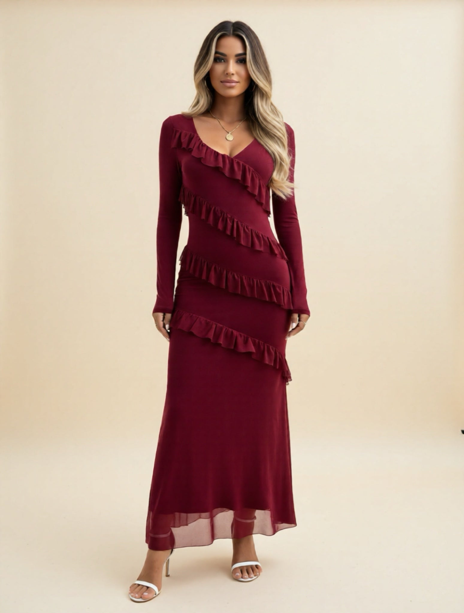 Elegant Long Sleeve V-Neck Maxi Dress with Diagonal Ruffle Detail