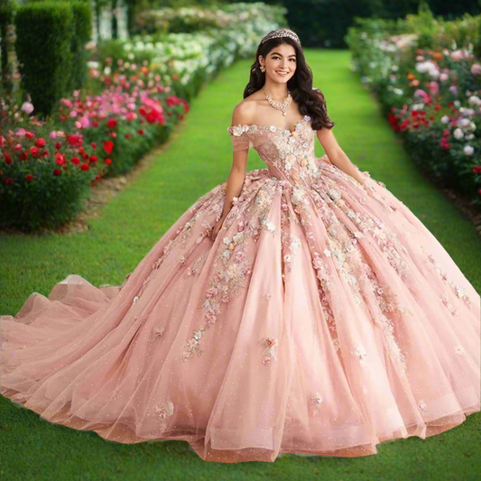 Sparkly Pink Quinceanera Ball Gown with 3D Lace Flowers