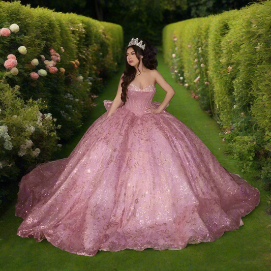 Pink Off The Shoulder Sparkle Quinceanera Ball Gown