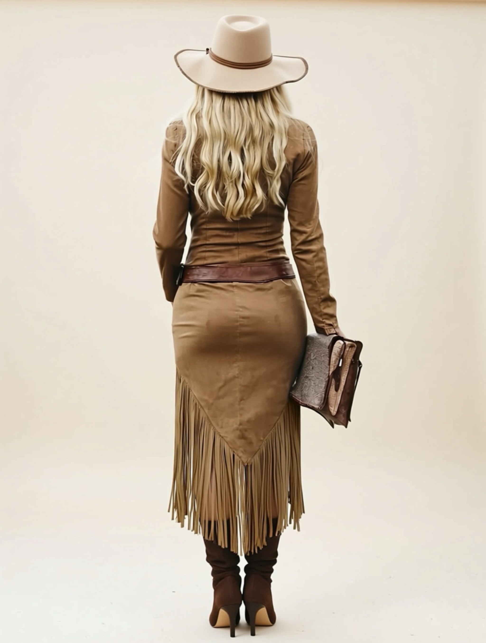 Western Fringe Zip‑Front Suede Look Maxi Dress