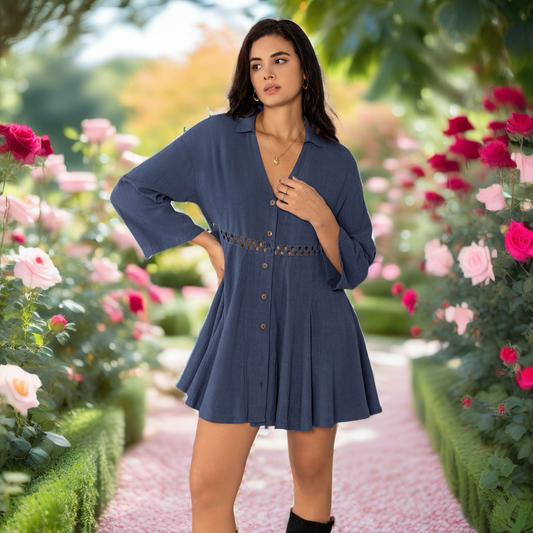 Long Sleeve Blue Short Dress with Cutout Waist