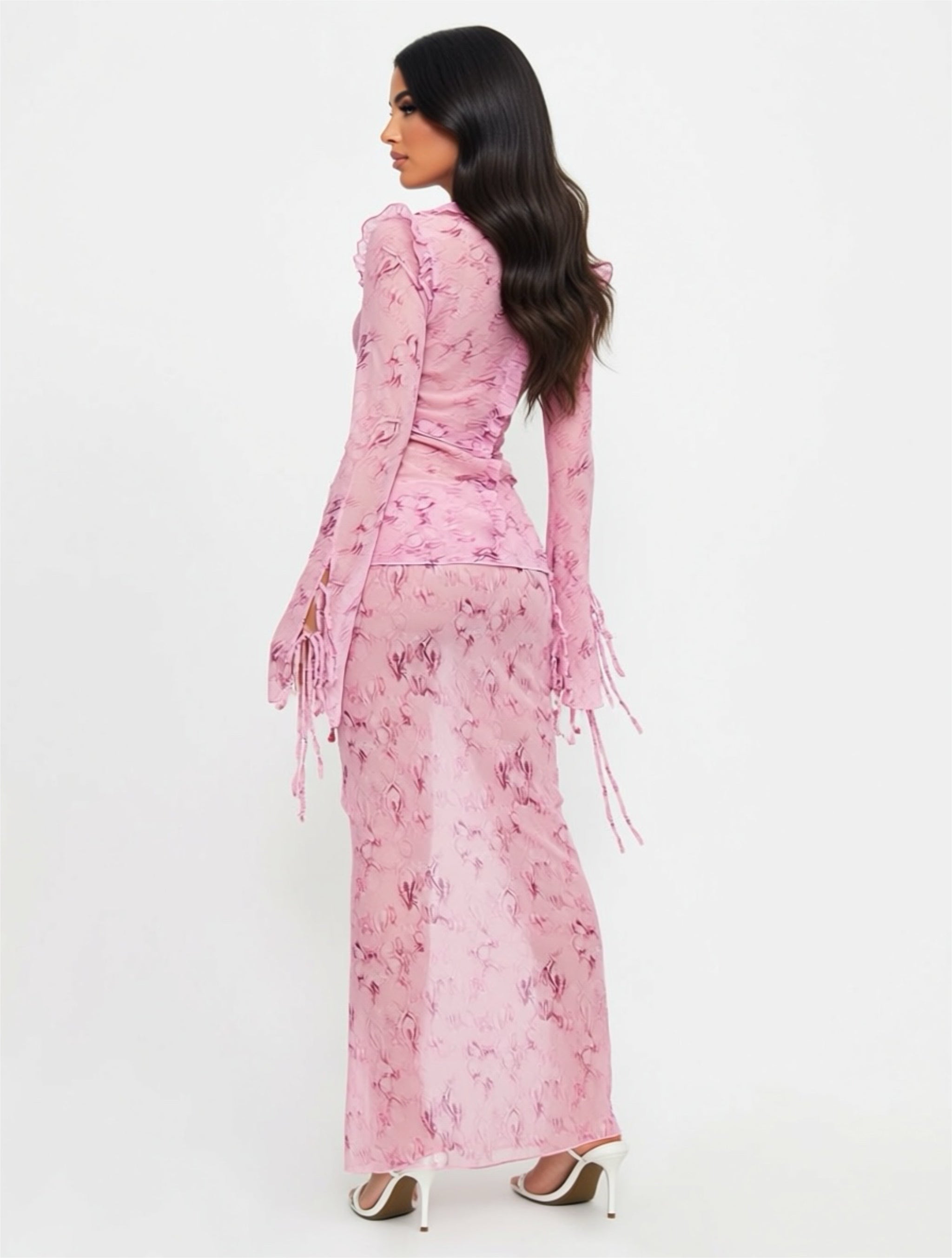 Pink Sheer Ruffle Tie‑Front Top & Maxi Skirt Set