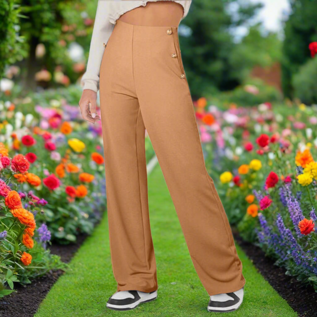 High Rise Trousers with Gold Button Accents