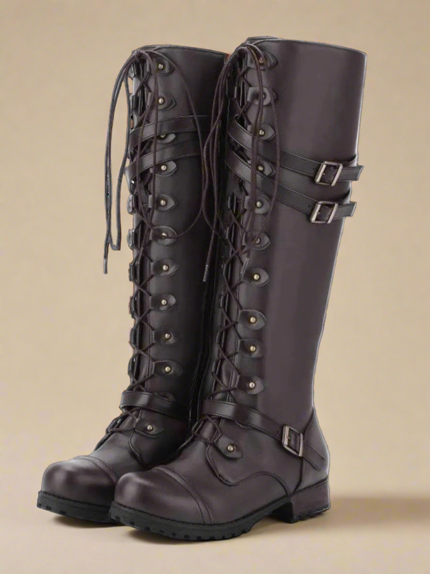 Lace-Up Boots with Buckle Straps