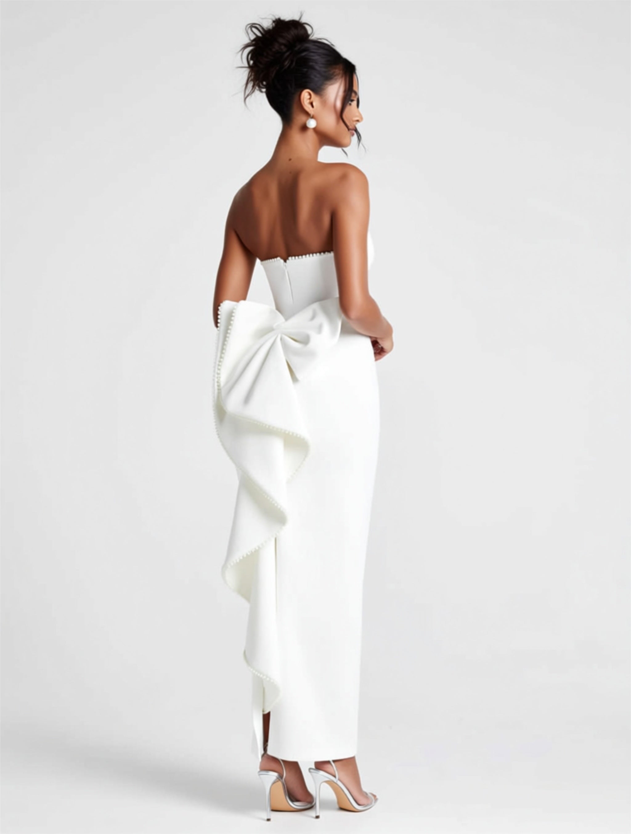 White Strapless Maxi Dress with Sculpted Bow Back