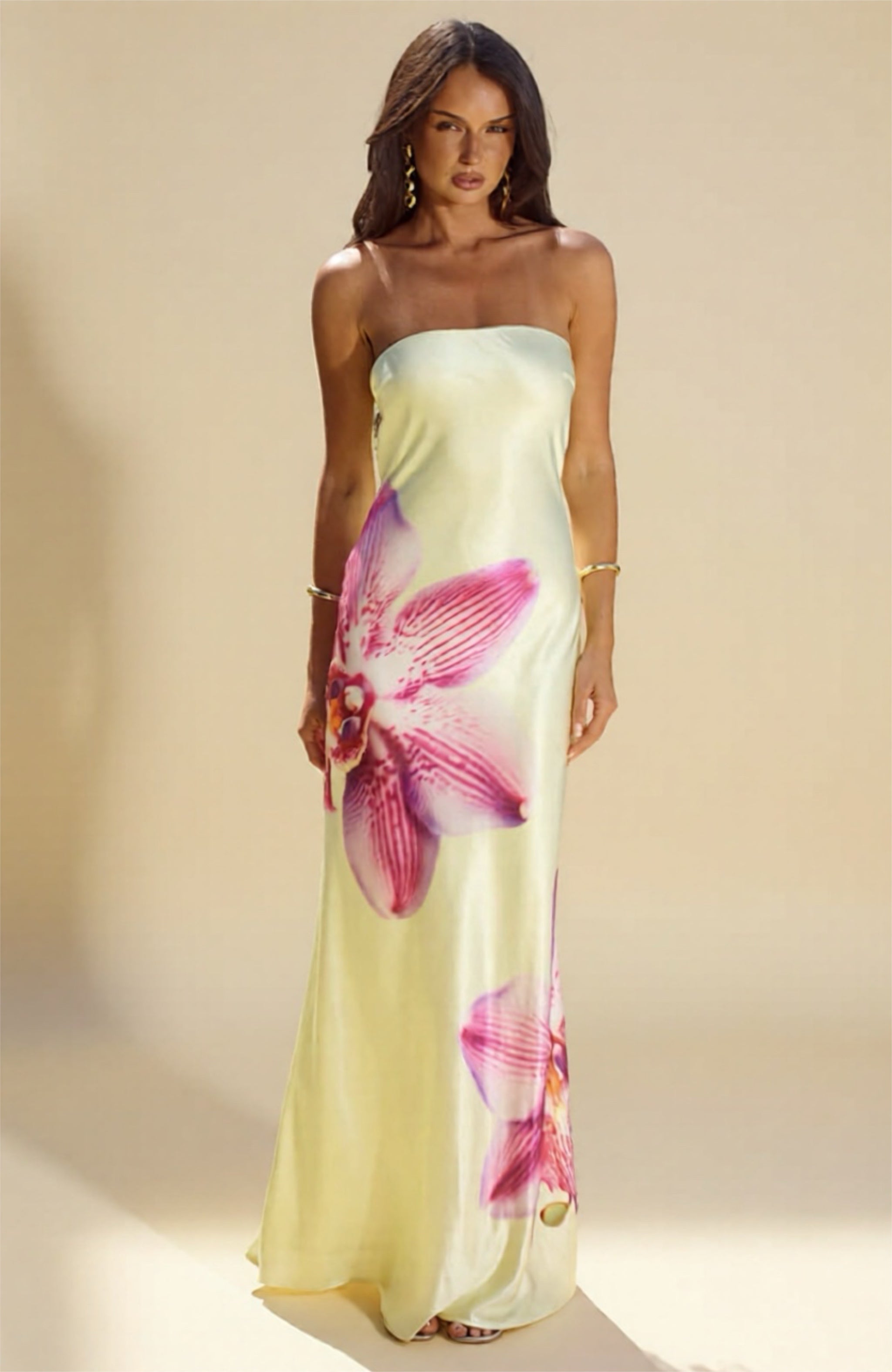 Strapless Satin Maxi Dress with Oversized Floral Print