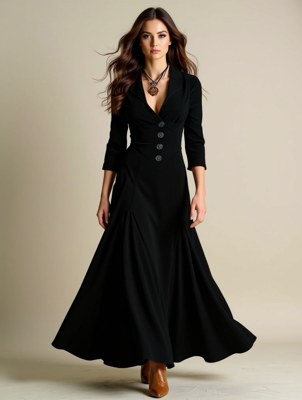 Vintage Buttoned Velvet Maxi Dress with Lapel Neckline