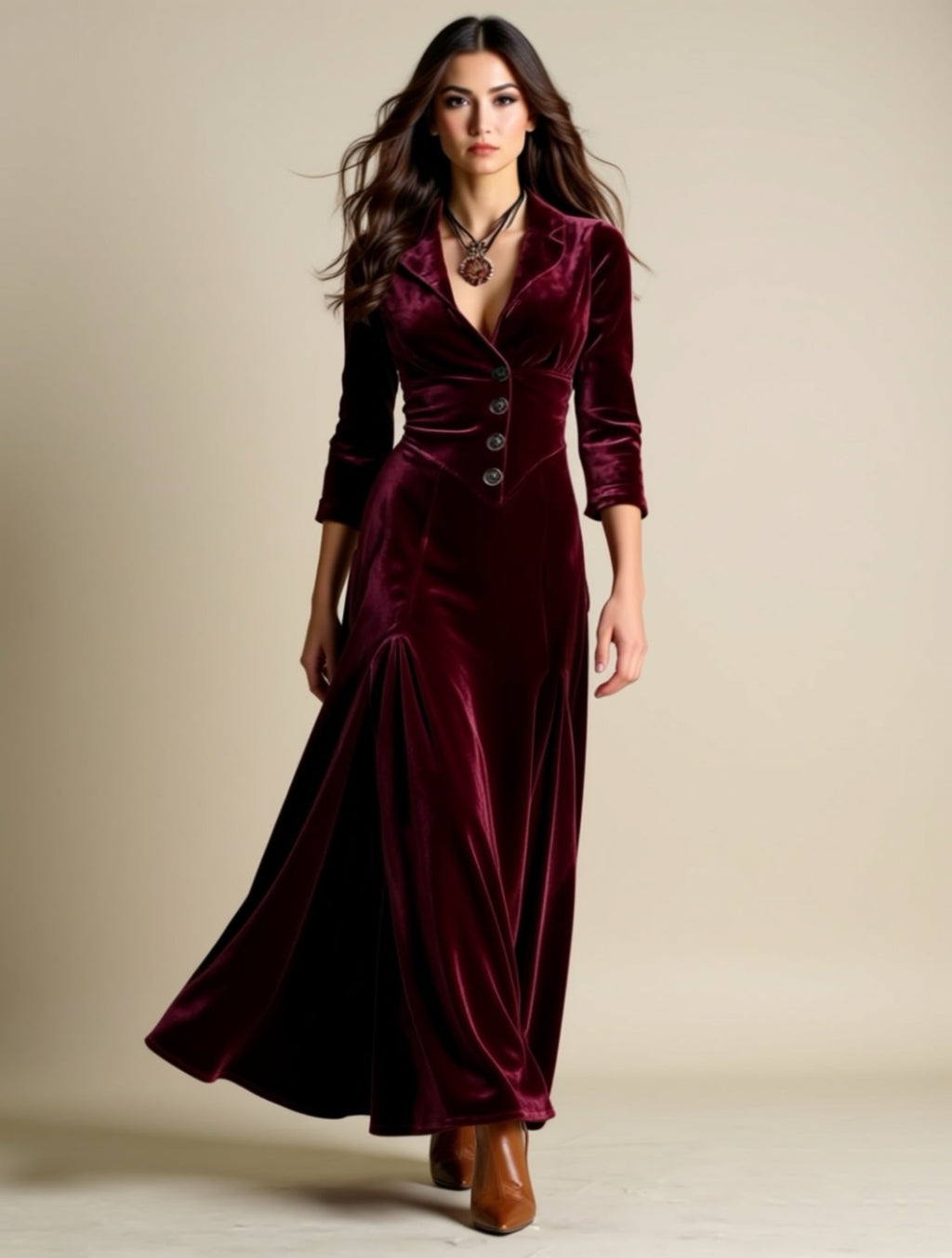 Vintage Buttoned Velvet Maxi Dress with Lapel Neckline