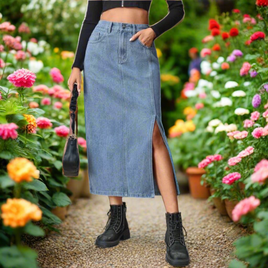 Slit High Waist Denim Skirt with Pockets