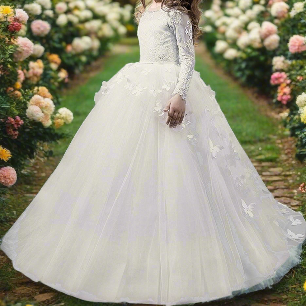 Long Sleeve Floral Flower Girl Dress