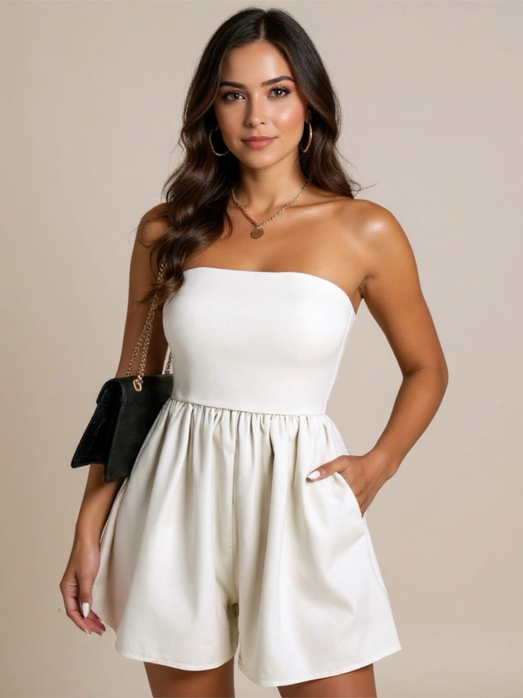 Strapless Wide Leg Romper with Pockets