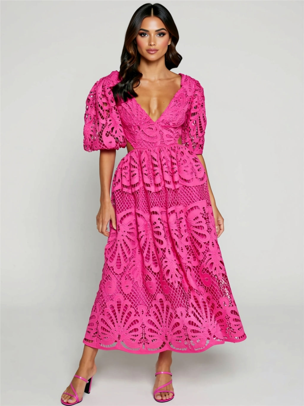 Lace Cutout Puff Sleeve Midi Dress