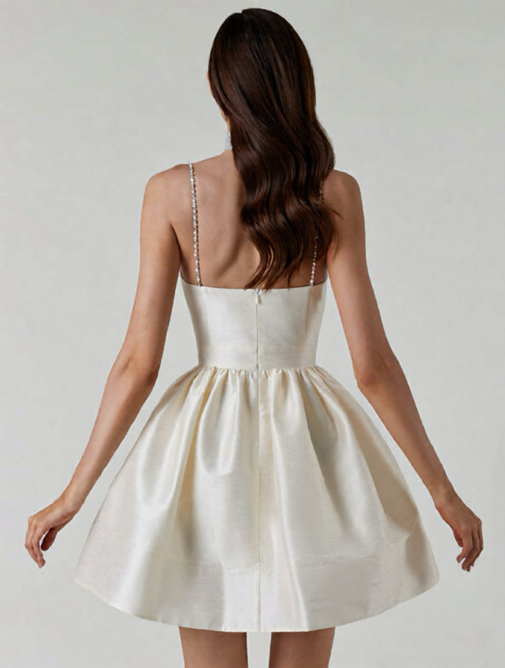 Pleated Satin Mini Dress with Rhinestone Straps