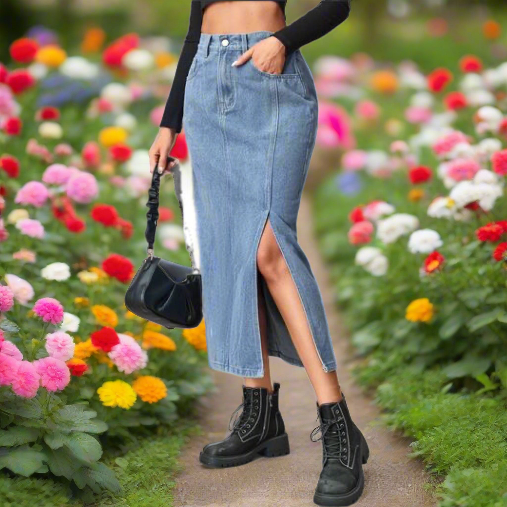 Slit High Waist Denim Skirt with Pockets
