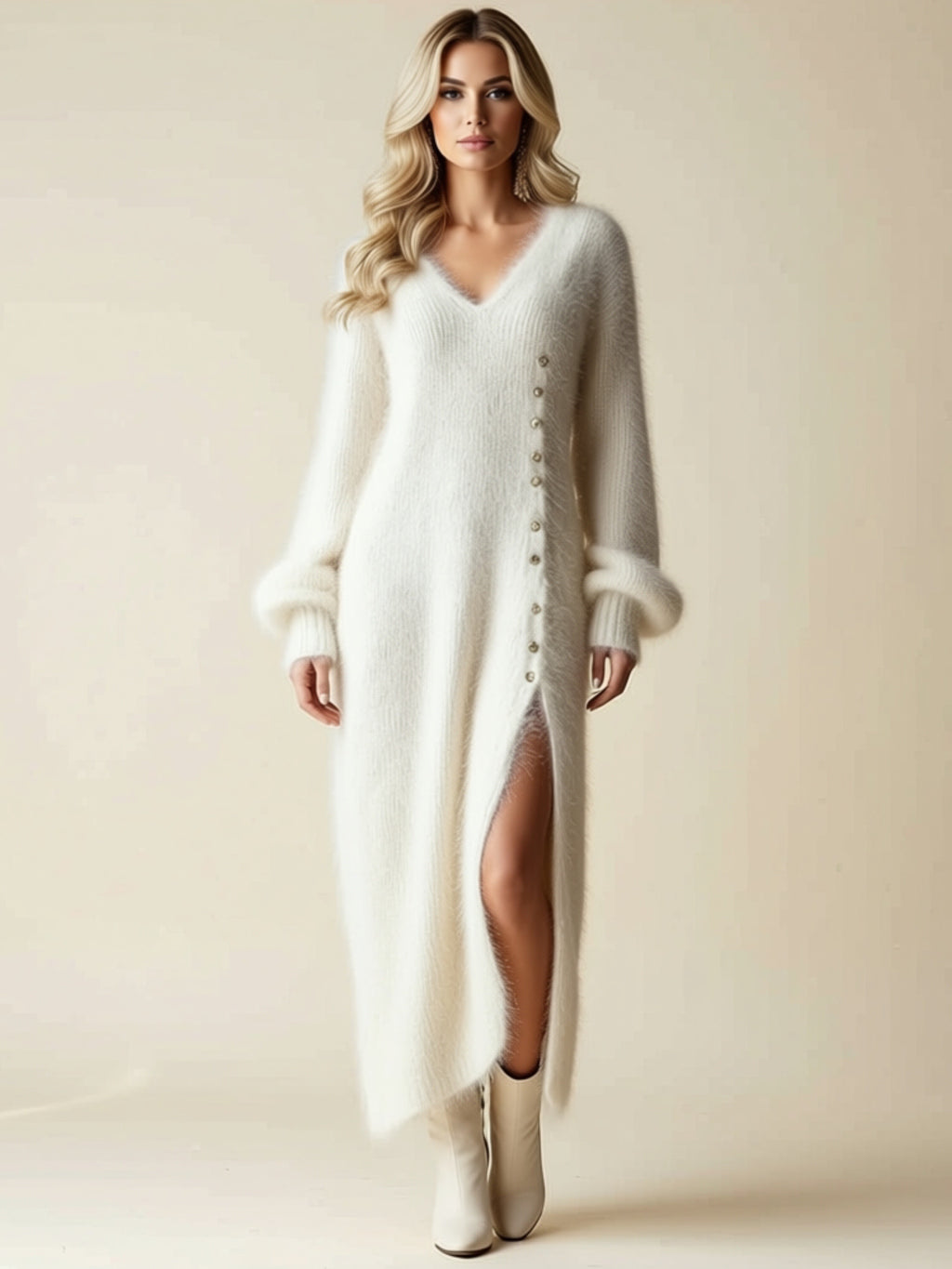Cozy Long Sleeve Faux Fur Maxi Sweater Dress