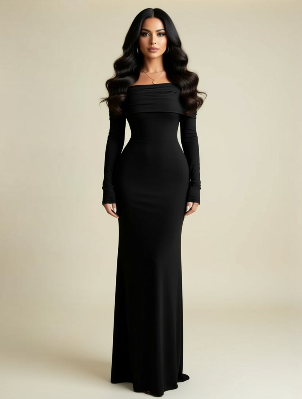 Elegant Off‑Shoulder Long Sleeve Maxi Evening Dress
