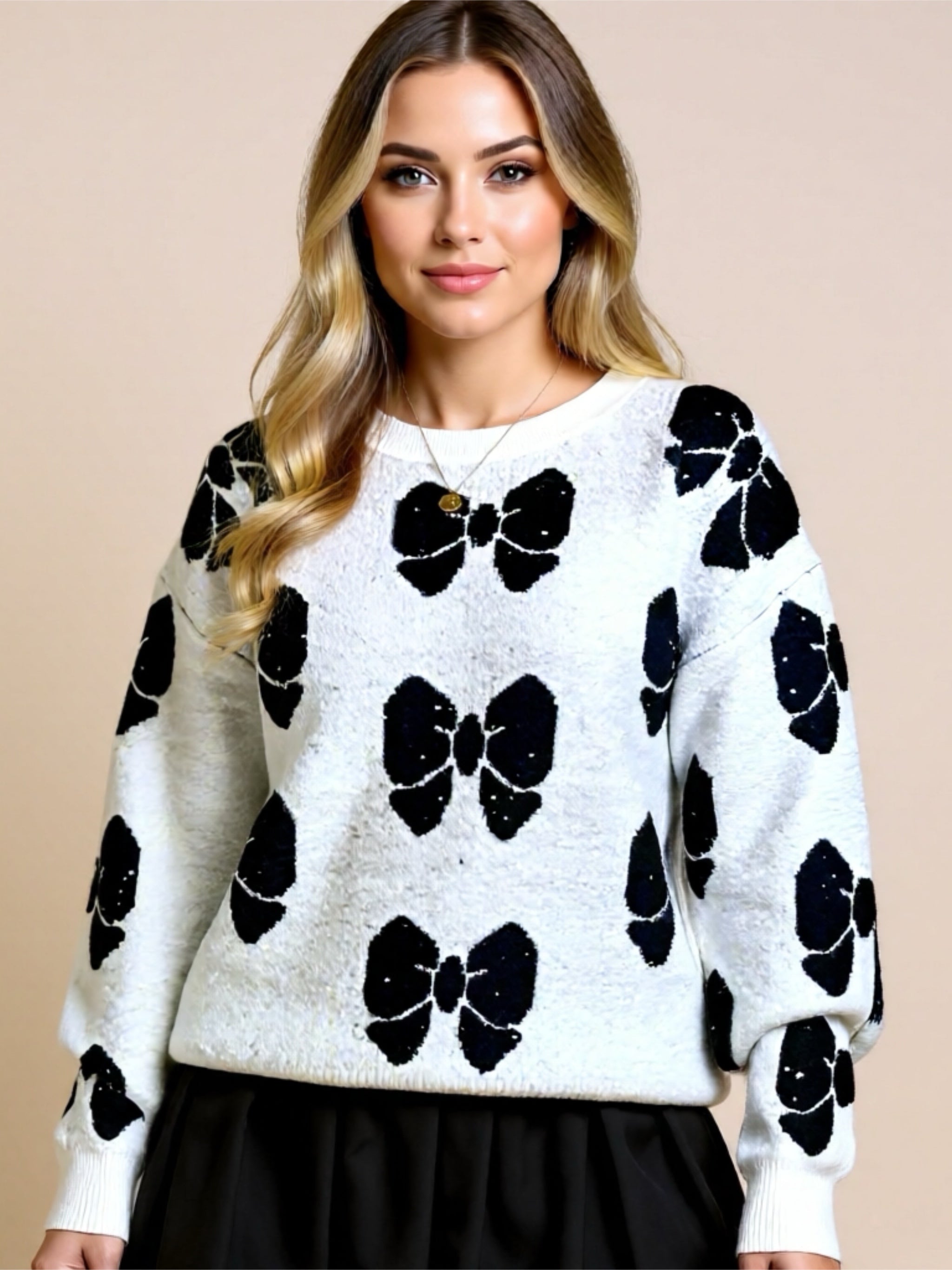 Knit Sweater with Bow Print