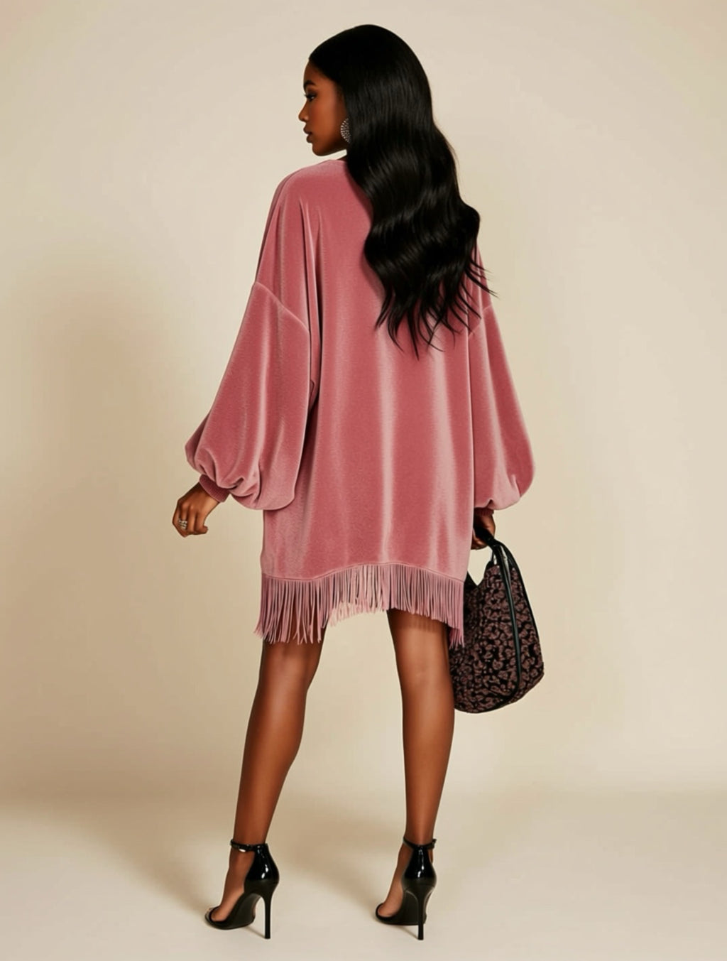 Oversized Fringe Long Sleeve Velvet Mini Dress