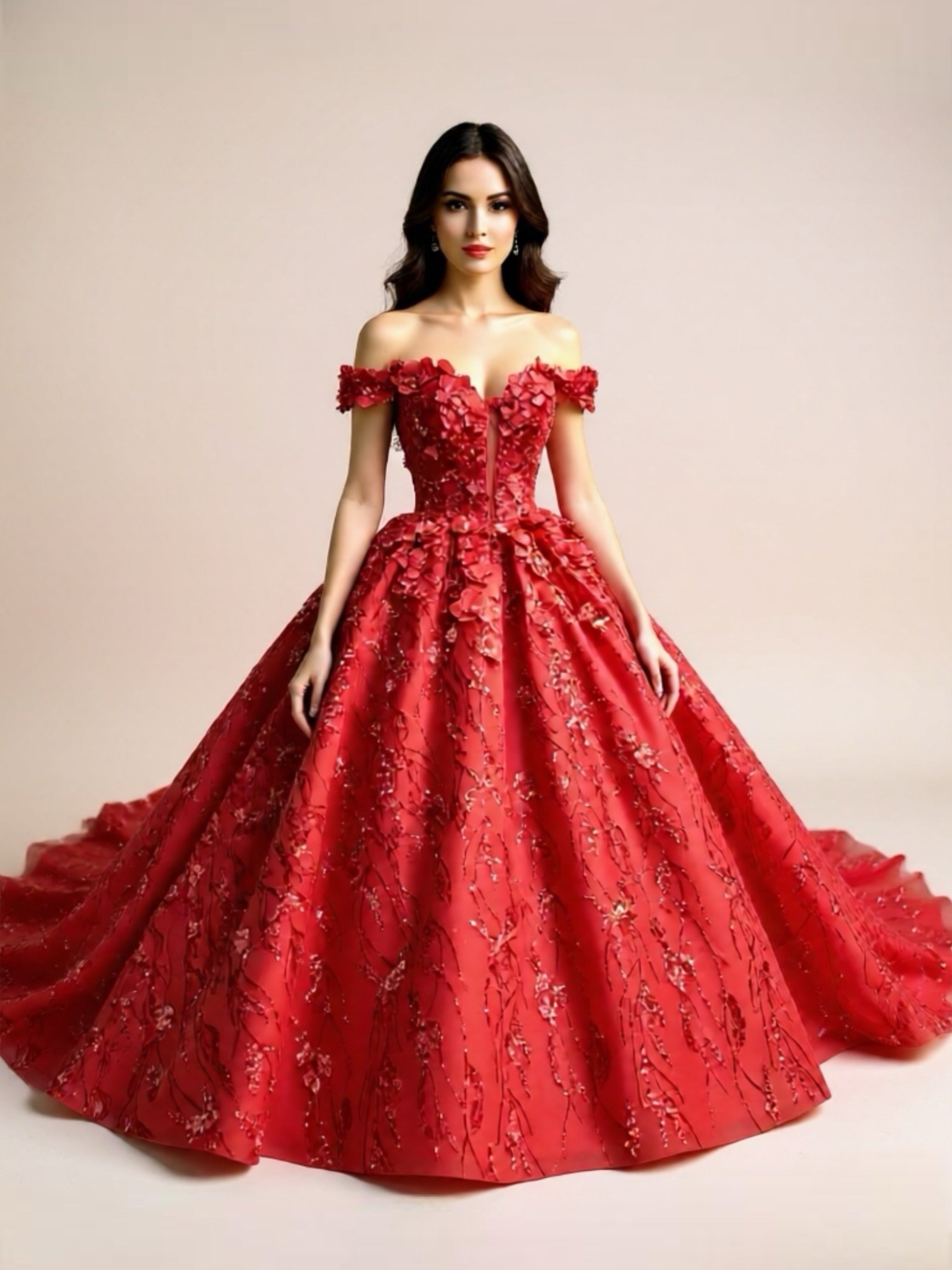 Red Floral Off The Shoulder Quinceanera Ball Gown