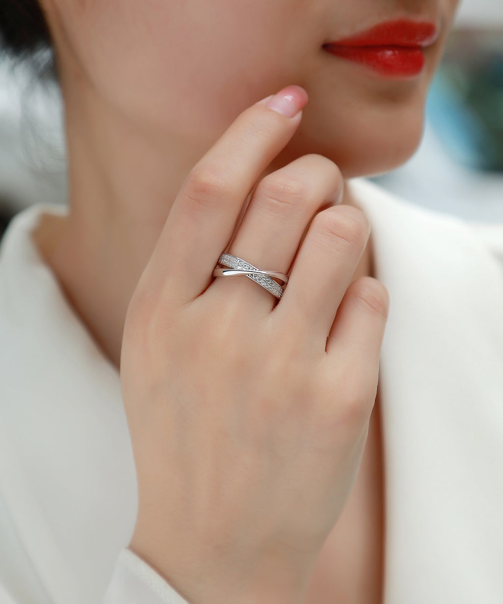 Moissanite Crossover Band Ring – Dainty Pavé Infinity Style