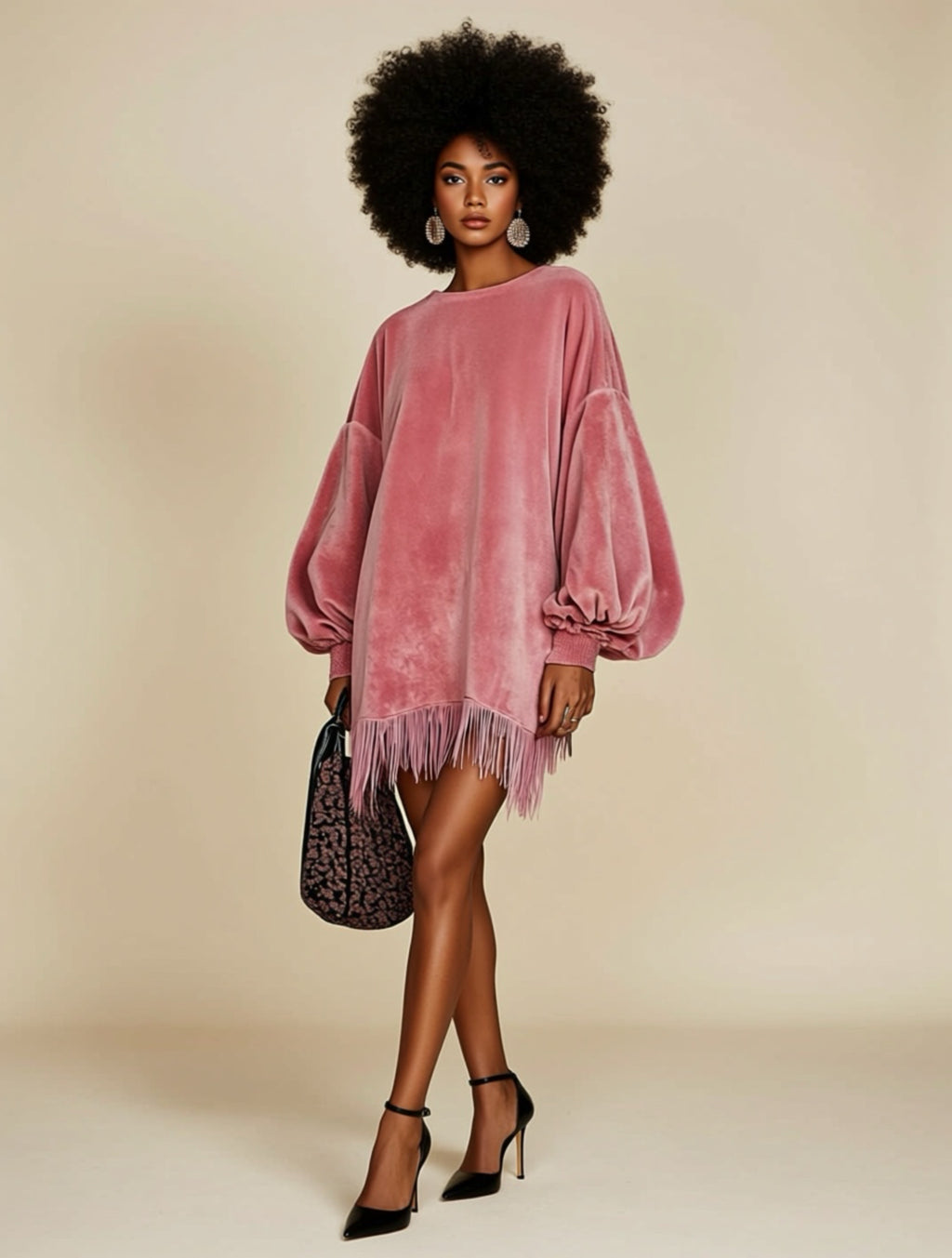 Oversized Fringe Long Sleeve Velvet Mini Dress