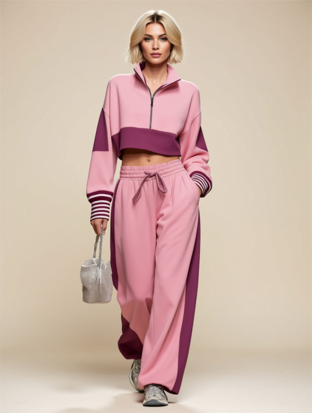 Colorblock Zip‑Up Crop Sweatshirt & Wide‑Leg Pant Set