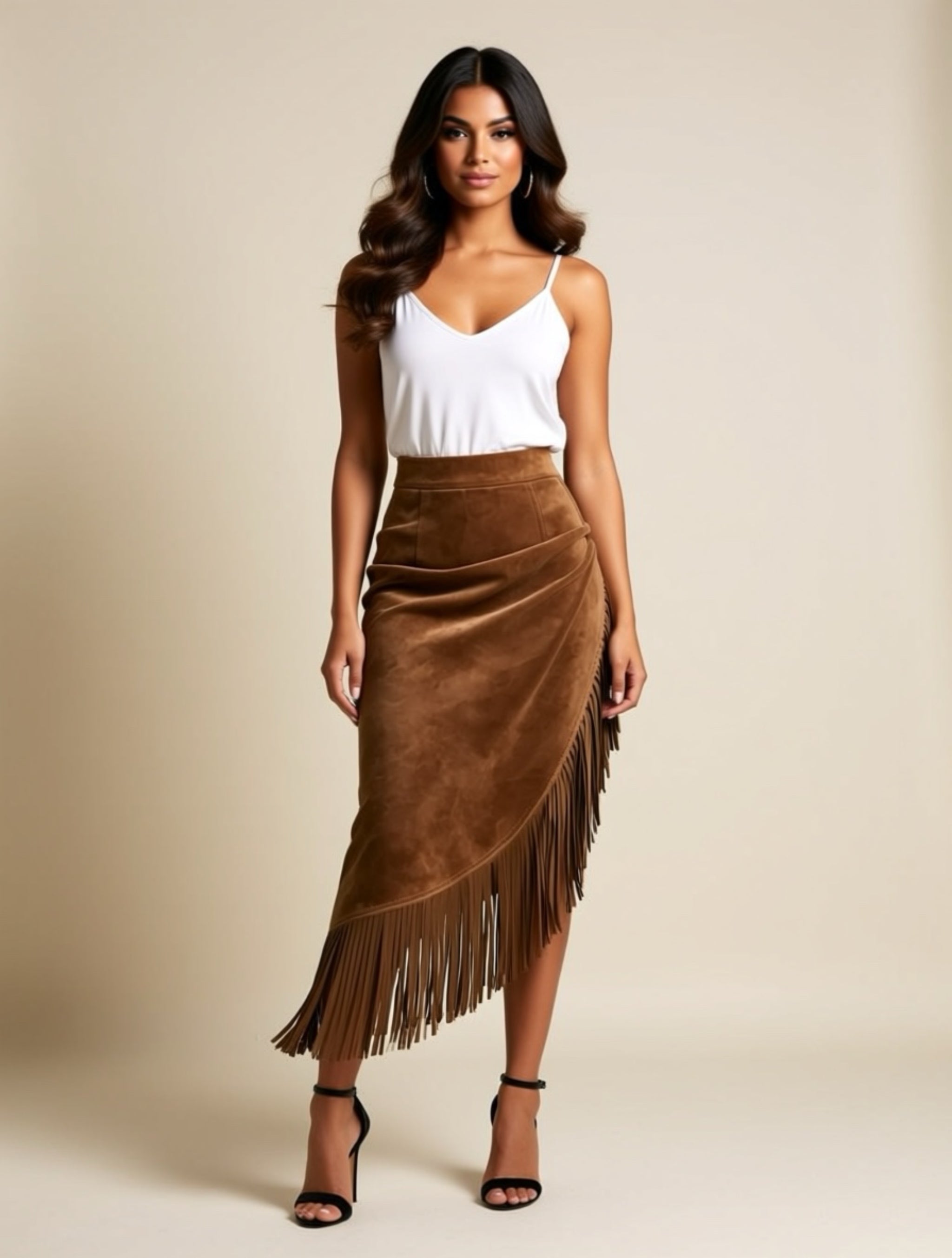 Asymmetrical Fringe Midi Skirt in Suede-Look Brown